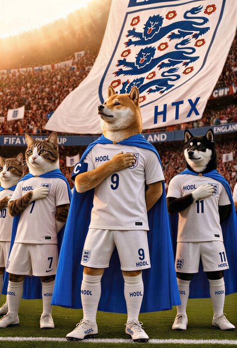 A Shiba Inu wearing an England national football kit with "HODL" branding and number 9 stands on the pitch alongside a Shiba Inu (number 11) and two cats (number 7 and 10), with the iconic Three Lions crest and "HTX" displayed on a large flag behind them. The image ties into the "gm. friday aura at ATH" post by playfully blending crypto culture ("HODL," "HTX") with sports pageantry at a stadium, capturing a confident, celebratory Friday vibe.