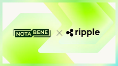 The image shows a co-branded banner featuring "NOTA BENE" and "ripple" logos side by side with a green geometric background. The graphic appears to promote a collaboration between Nota Bene and Ripple, likely tied to an article or announcement discussing XRP spot buying activity versus perpetual futures trader positioning.