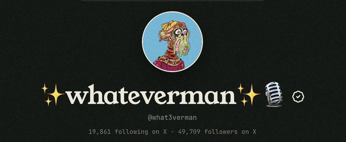 The image displays an X (Twitter) profile banner for "whateverman" (@what3verman) featuring a cartoon avatar of a vomiting man with food coming out, along with a microphone icon. The profile shows 19,861 following and 49,709 followers on X, highlighting how close the user is to reaching their 50K follower milestone mentioned in the post.