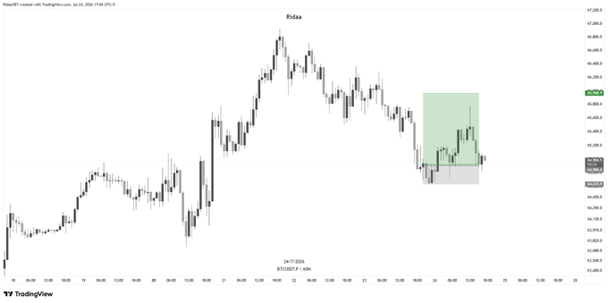 A TradingView chart created on July 24, 2024, showing the BTCUSD price action with a highlighted green area indicating recent price movement.