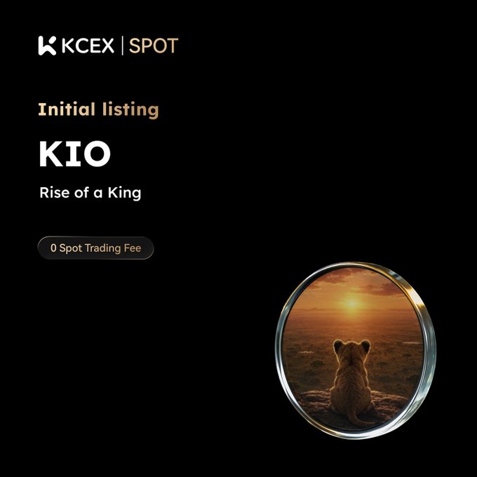 A promotional graphic for a cryptocurrency listing on KCEX SPOT, showing 'Initial listing KIO - Rise of a King' with '0 Spot Trading Fee,' featuring an image of a lion cub watching a sunset.