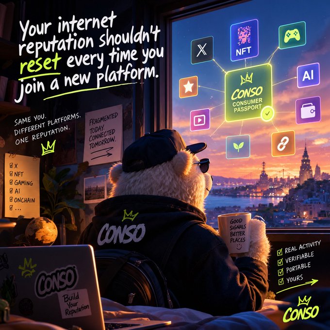 A promotional advertisement for 'CONSO CONSUMER PASSPORT' featuring an anthropomorphic bear character looking at a glowing screen displaying various platform icons like X, NFT, and AI, with text emphasizing portable internet reputation.