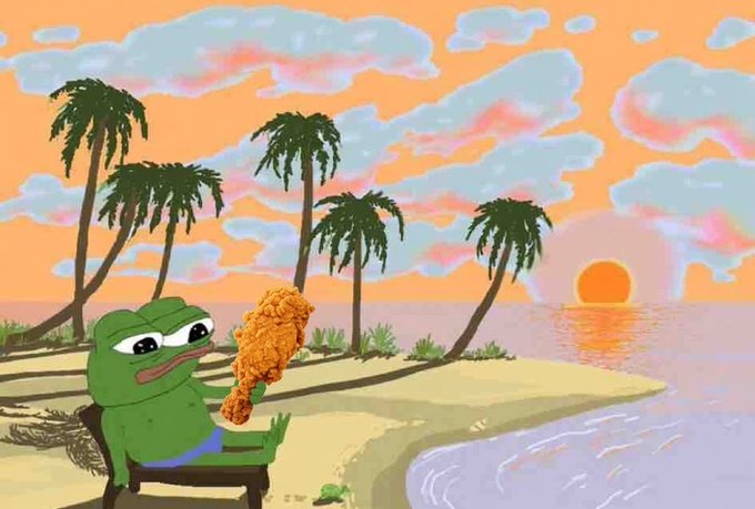 An illustrated scene features the cartoon character Pepe the Frog wearing sunglasses and blue shorts, relaxing on a beach chair and eating fried chicken at sunset.