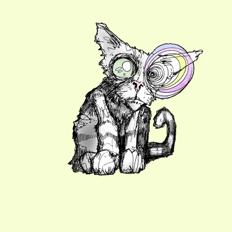 The image features a black and white sketch of a cat with big green eyes, giving it an unusual appearance. The cat has a unique design that includes a pair of rainbow-colored circles around its eyes, making it stand out from typical cats. The cat is sitting on its hind legs, looking directly at the camera. The background color of the image is yellow, which contrasts with the black and white sketch of the cat. There are no other objects or texts in the image, so the focus is solely on the cat and its distinctive design.