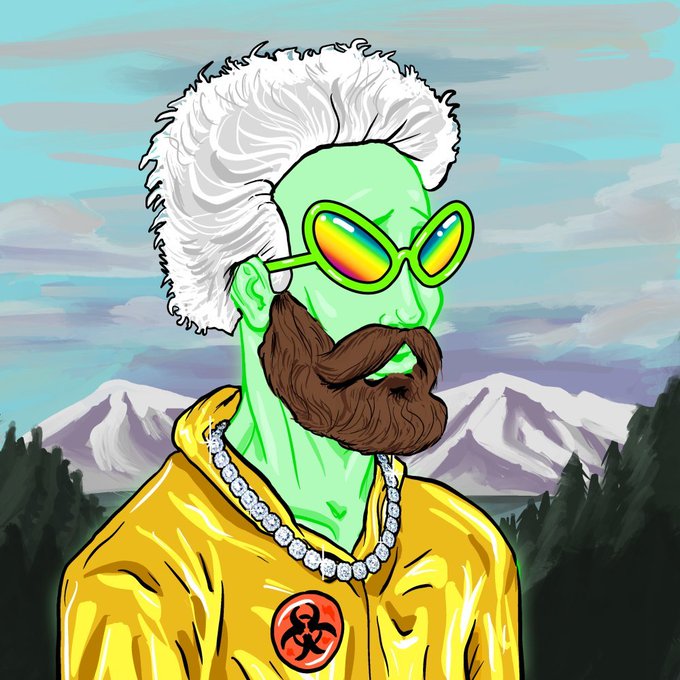 A digital illustration of a green-skinned character with wild white hair, a brown beard, rainbow-tinted sunglasses, a yellow hazmat suit with a biohazard symbol, and a diamond chain against a mountain backdrop.