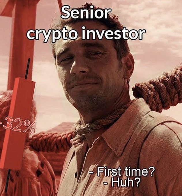 A meme showing a sweaty Brad Pitt from "Seven" with text "Senior crypto investor" at the top, "-32%" on the left, and "- First time? - Huh?" at the bottom.