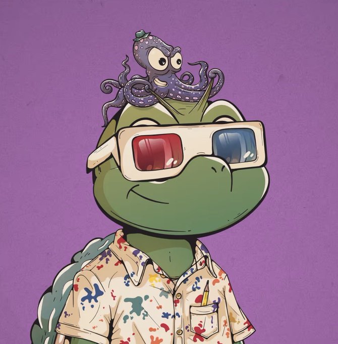The image features a cartoon turtle wearing glasses with red lenses that are placed on its head. The turtle has a paint splatter on its shirt, which adds a unique touch to its appearance. In the background of the image, there's another turtle who is also wearing glasses and appears to be in a 3D environment. The post seems to be related to the turtle characters or their outfits, possibly discussing the turtles' appearances or the use of 3D effects on the turtles' costumes.