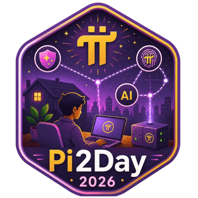 A hexagonal badge illustration for "Pi2Day 2026" featuring a Pi (π) logo, AI symbol, fingerprint icon, security shield, and a person working at a laptop with a city skyline in the background.
