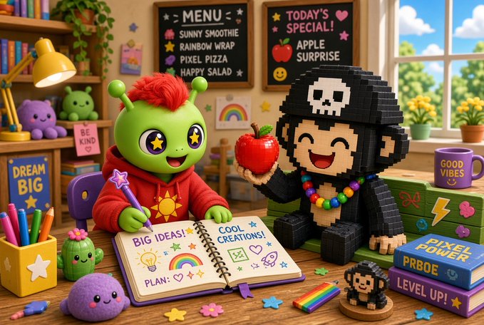 A colorful LEGO-style diorama featuring a green alien character and a monkey character with a pirate hat brainstorming in a notebook labeled 'BIG IDEAS!', 'COOL CREATIONS!', and 'PLAN:'. Behind them are chalkboards reading 'MENU: SUNNY SMOOTHIE, RAINBOW WRAP, PIXEL PIZZA, HAPPY SALAD' and 'TODAY'S SPECIAL! APPLE SURPRISE'.