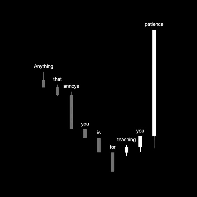 A minimalist black graphic displaying the quote 'Anything that annoys you is teaching you patience' with each word's size varying to visually represent the phrase.