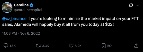 A tweet from Caroline (@carolinecapital) posted on Nov 6, 2022, directed at @cz_binance, offering to buy all their FTT sales at $22 to minimize market impact.