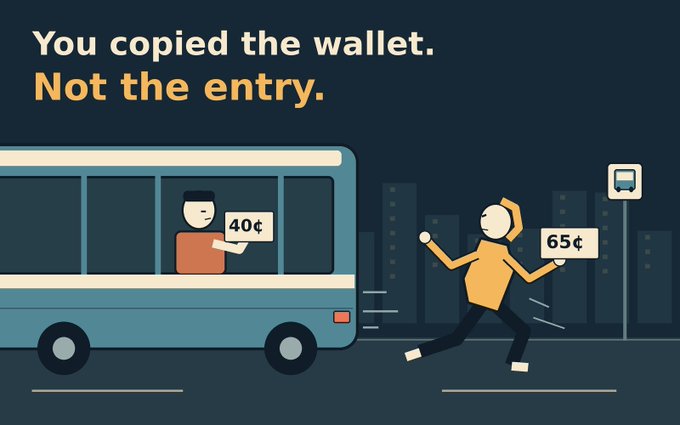 A digital illustration showing a person chasing a bus while holding a '65¢' sign, contrasted with a passenger inside holding '40¢', with the caption 'You copied the wallet. Not the entry.'
