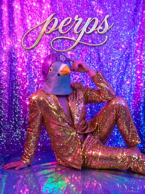 A person wearing a pigeon mask and a sparkling rose-gold sequined suit reclines against a glittery purple backdrop with the word "perps" written in cursive at the top.
