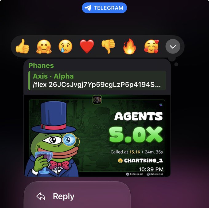 A Telegram message from 'Phanes' (Axis · Alpha) showing a meme of Pepe the Frog in formal attire celebrating an 'AGENTS S.0X' win with a 5.0x multiplier called at 15.1K.