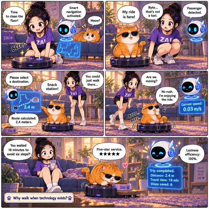 A ZAI-themed comic shows a woman using a smart floor-cleaning robot to give her cat a 2.4-meter ride from the couch to the snack station, taking 18 minutes and saving 6 steps. The cat gives “five-star service” five stars, while the robot reports 100% laziness efficiency—matching the post’s playful promise that “✨💜 Something fun happens every day! ~”.
