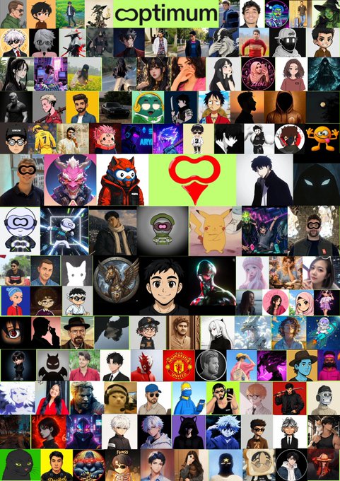 A collage of various avatar images under the 'optimum' brand banner, featuring anime characters, cartoon figures, and stylized portraits arranged in a grid pattern.