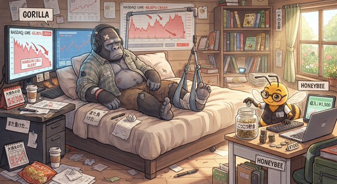 An anime-style illustration labeled "GORILLA" shows a chimpanzee in a plaid shirt reclining on a bed with an injured foot in a cast, while a bee labeled "HONEYBEE" works on a laptop nearby amid charts showing NASDAQ declines.