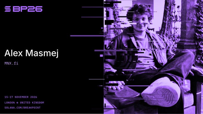 A promotional graphic for 'BP26' (Breakpoint 2026) featuring 'Alex Masmej' with handle 'MNX.fi,' scheduled for 15-17 November 2026 in London, United Kingdom, with a purple-tinted glitch-effect photo of a seated young man.