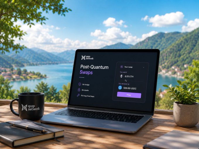 A laptop on a desk overlooking a lake displays the Quip Network's 'Post-Quantum Swaps' interface, showing a swap of 0.25 ETH for 508.00 USDC, alongside a branded mug and notebook.