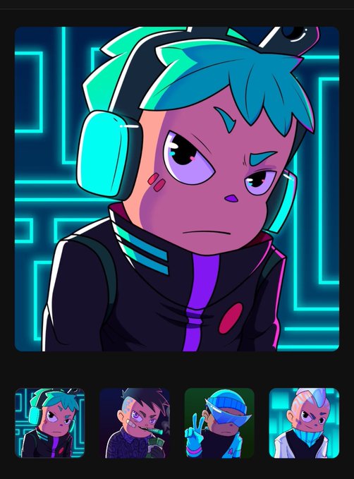 A stylized cartoon character with teal hair and headphones looks annoyed, with four smaller variations of the character displayed below.