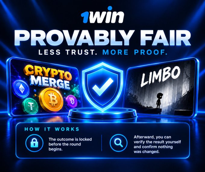A 1win promotional graphic advertising 'PROVABLY FAIR' gaming with 'CRYPTO MERGE' and 'LIMBO' games, explaining how outcomes are locked and verified.