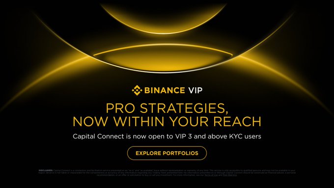 A dark advertisement banner features gold text reading 'BINANCE VIP' and 'PRO STRATEGIES, NOW WITHIN YOUR REACH.' Smaller text notes 'Capital Connect is now open to VIP 3 and above KYC users' above an 'EXPLORE PORTFOLIOS' button.