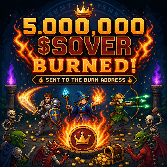 A pixel art promotional graphic for a cryptocurrency event, featuring a wizard, knight, and archer hero above a flaming pit, with text reading '5,000,000 $SOVER BURNED! SENT TO THE BURN ADDRESS'.
