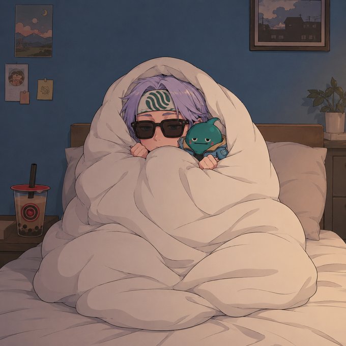 An anime-style illustration shows a person with purple hair, sunglasses, and a green headband burritoed in a white blanket on a bed, holding a small teal creature, with bubble tea nearby.