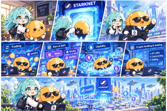 A collage of anime-style promotional images featuring a blue-haired girl character with a Bitcoin-themed mascot, advertising features like "Trading," "Earn & DeFi" (with Ekubo, Vesu, AVNU), "Liquidity," "Crypto lending & staking," and prominently displaying "STARKNET" and "strkBTC" branding.