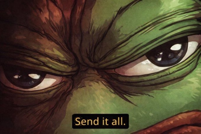 A close-up manga-style drawing of an angry green character with intense eyes, captioned 'Send it all.'