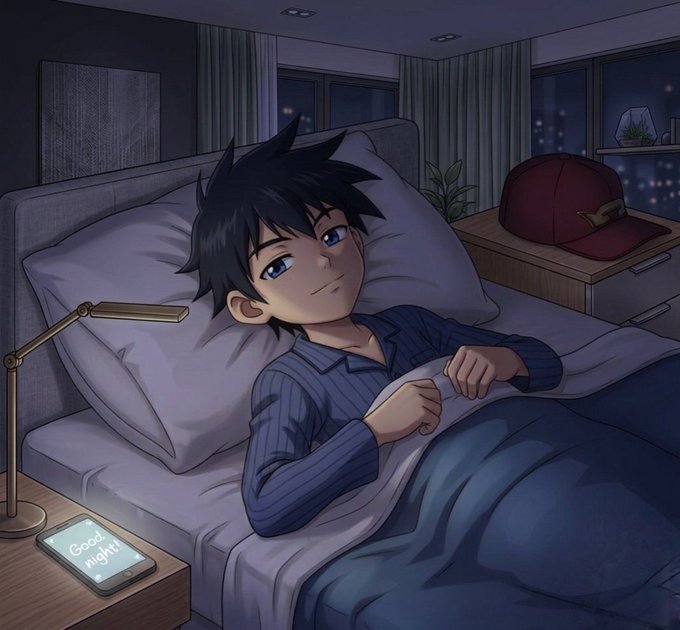 The image features a young boy lying in bed with his eyes closed while looking at something above him. The scene takes place in a bedroom setting, with a nightstand next to the bed holding a cell phone that appears to be turned on. A lamp is also present near the bed. The post seems to be discussing the concept of DeFi lending and how it should have been implemented from the beginning.