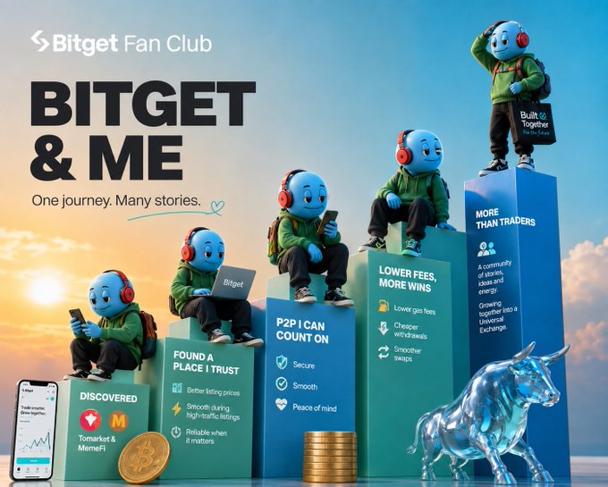 A promotional graphic for "Bitget Fan Club" titled "BITGET & ME - One journey. Many stories," featuring the Bitget mascot (BGB) progressing up five ascending pedestals labeled "Discovered" (Telegram apps Tomarket & MemeFi), "Found a Place I Trust," "P2P I Can Count On," "Lower Fees, More Wins," and culminating at "More Than Traders." The image visually illustrates the user's stated journey of discovering Bitget through Telegram Mini App airdrops like Tomarket and MemeFi before climbing toward becoming part of a broader crypto community, accompanied by the iconic bull symbol and a Bitget trading app interface.