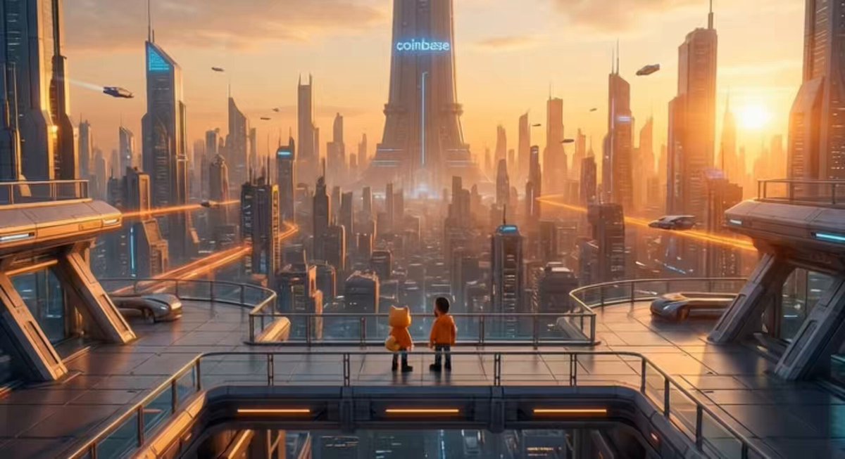 The image shows a futuristic cityscape with tall buildings, including a skyscraper that has "coinbase" written on it. Two people are standing near each other at the edge of a rooftop, overlooking the city below. The sun is setting behind them, casting an orange glow over the scene and highlighting the architectural details of the buildings.