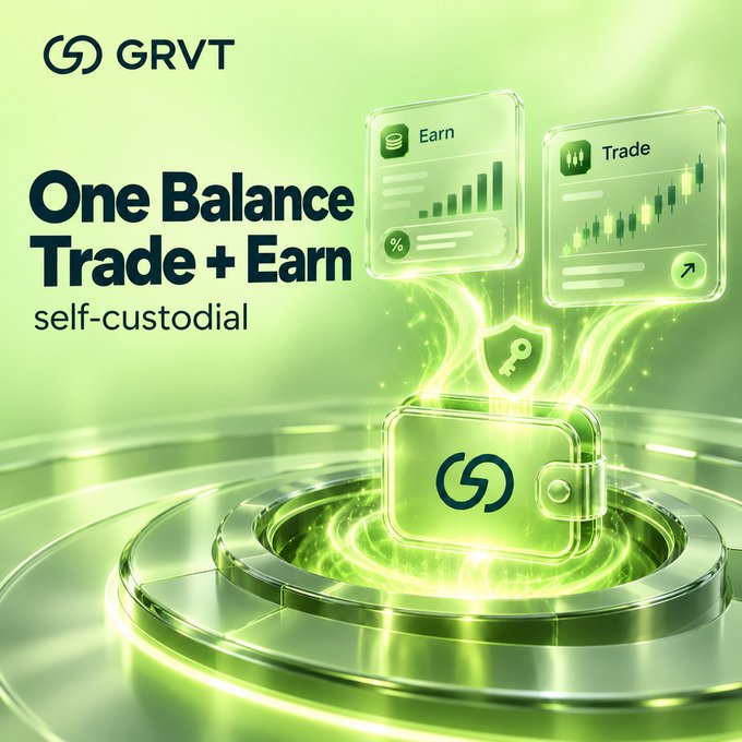 A green GRVT promotional graphic shows a wallet and glowing cards labeled “Earn” and “Trade,” with the text “One Balance Trade + Earn” and “self-custodial.”