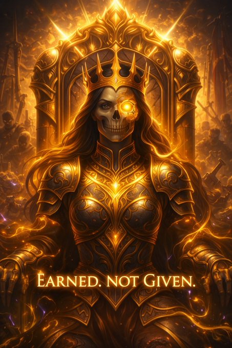A fantasy illustration of a crowned skeletal warrior queen in glowing golden armor with a fiery background and the text 'Earned. Not Given.'