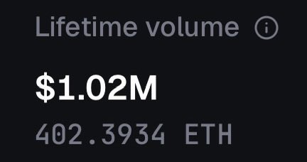 A dark-themed digital dashboard displaying 'Lifetime volume' of '$1.02M' alongside '402.3934 ETH'.