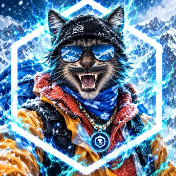 A fierce-looking feline character dressed in winter clothing including a beanie, sunglasses, and scarf, surrounded by electric blue energy and snow within a hexagonal frame.