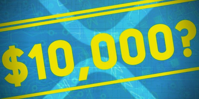 The image features bold yellow text reading "$10,000?" displayed prominently across a blue background with yellow stripes and faint grid/blueprint-style graphics. It visually emphasizes the central question from the post about whether XRP could realistically reach a value of $10,000, reinforcing the speculative "YES or NO" prompt with eye-catching, attention-grabbing typography.