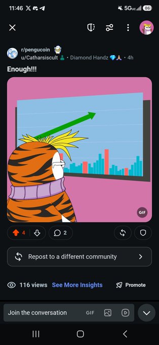 A screenshot of a Reddit post on r/penguoin by u/Catharsicult titled 'Enough!!!' features a cartoon tiger character pointing at a rising stock chart displayed on a pink screen.