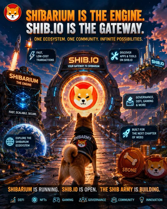 A promotional poster for 'SHIB.IO' featuring the Shiba Inu mascot, advertising Shibarium as 'the engine' and SHIB.IO as 'the gateway' with features like fast transactions, apps, and governance.