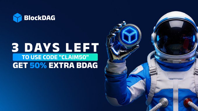 An astronaut holds up a coin featuring the BlockDAG logo against a dark blue background, with text reading "3 DAYS LEFT TO USE CODE 'CLAIM50' GET 50% EXTRA BDAG," promoting a limited-time bonus offer for the BDAG cryptocurrency. The post's urgent messaging reinforces the countdown and scarcity highlighted in the image.