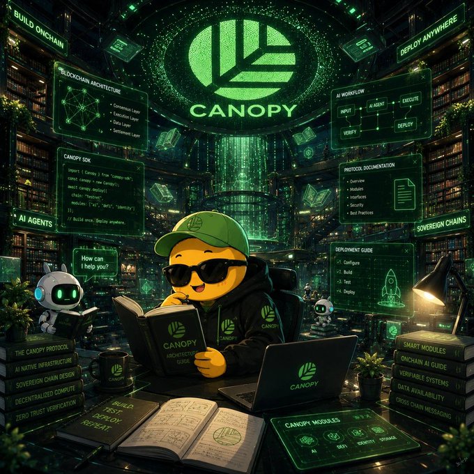 A green-themed promotional graphic for "CANOPY," featuring a cartoon mascot reading a book and surrounded by tech illustrations including blockchain architecture, AI agents, sovereign chains, and Canopy SDK deployment guides.