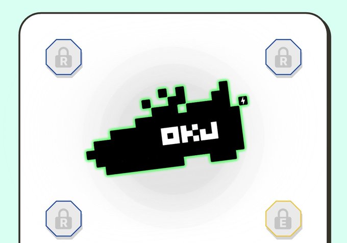 The image features a black and white logo with the word "OKJ" written in white letters, surrounded by green squares. The logo is displayed against a light blue background, which contrasts nicely with the black and white elements of the design. In addition to the logo, there are four small circles on the right side of the image, each containing a lock symbol. These locks are arranged in a square formation, creating an interesting visual effect that complements the overall design. The post includes a caption that reads "OKJのスニーカー届いてたぁちゃん".