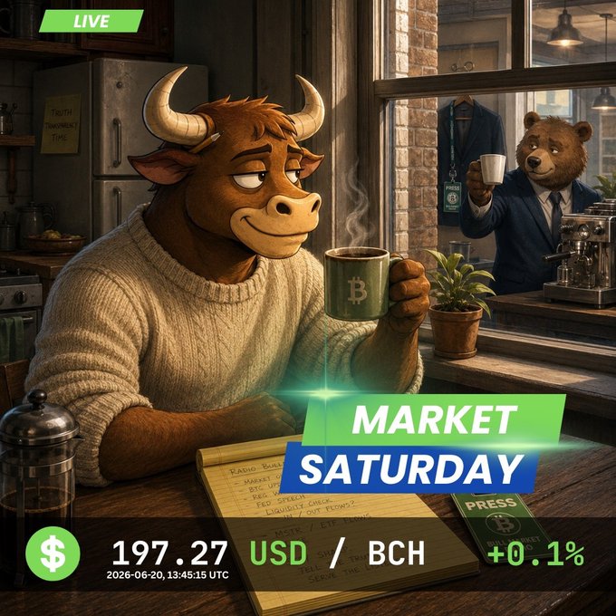 The image features a cartoon bull sitting at a kitchen table with a cup of coffee in front of him. The background shows a kitchen scene with a refrigerator and other appliances visible. A note is placed next to the bull, possibly containing information about the market or an event. There are also two bears present in the image - one on the left side near the window and another on the right side at the edge of the frame.