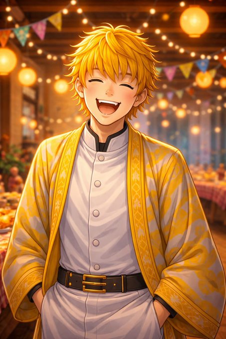 The image features a man wearing a yellow robe, standing with his hands in his pockets while smiling at the camera. The background of the image includes several lanterns hanging from the ceiling, creating an atmosphere reminiscent of a party or gathering. There are also some fruits visible on the table behind him, adding to the festive ambiance.