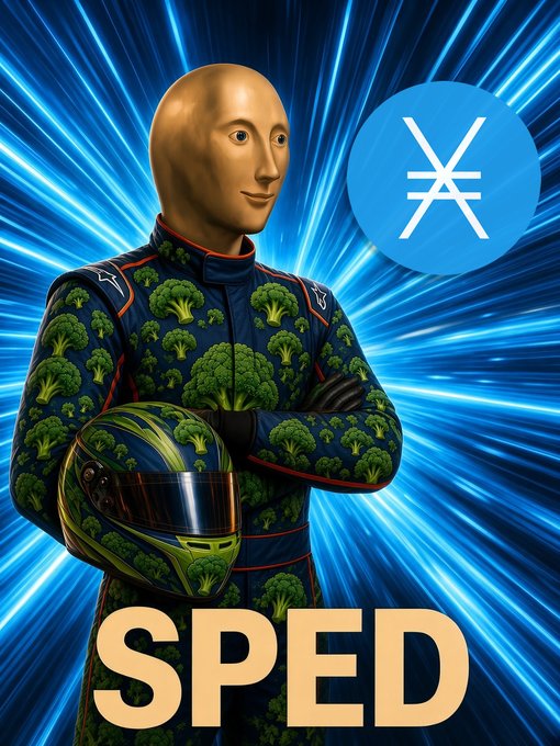 A racing driver with a mannequin head wears a broccoli-patterned suit while holding a matching helmet, with the word "SPED" displayed at the bottom and a "X" logo on a blue background.