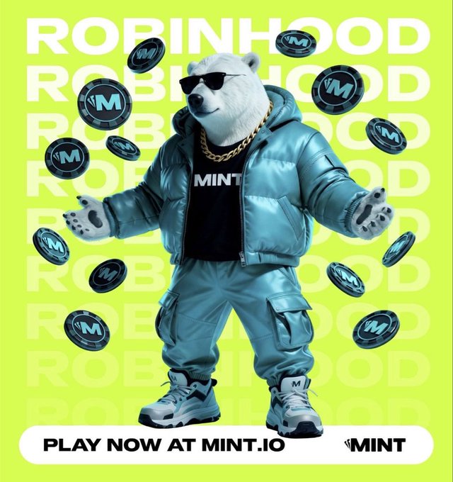 A promotional graphic featuring a polar bear wearing sunglasses, a blue puffer jacket, and a 'MINT' shirt, surrounded by 'M' coins, with text reading 'ROBINHOOD' and 'PLAY NOW AT MINT.IO'.