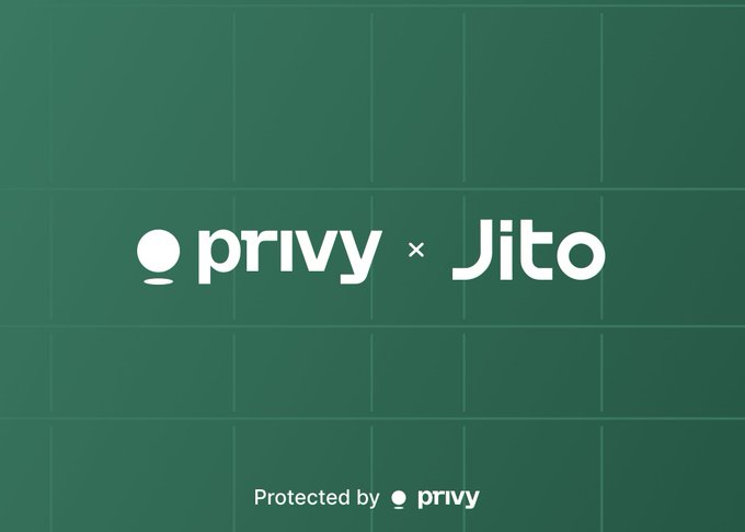 The image features a green background with the logos of "Privy" and "Jito" side by side, separated by an "×" symbol, along with the tagline "Protected by Privy" at the bottom. This visual reinforces the partnership announcement, highlighting the collaboration between Privy and Jito to enhance Solana transaction submission through Jito's block engine.