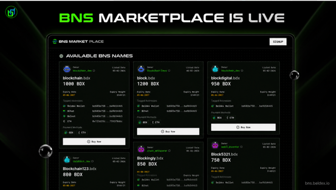 A promotional graphic announcing 'BNS MARKETPLACE IS LIVE' on the bns.beldex.io website, displaying available '.bdx' domain names for sale like 'blockchain.bdx' and 'blockdigital.bdx'.