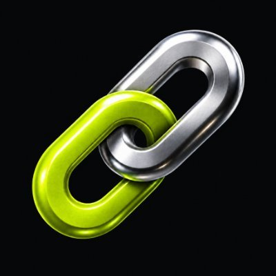Two interlinked chain links, one metallic silver and one bright lime green, displayed against a dark background.